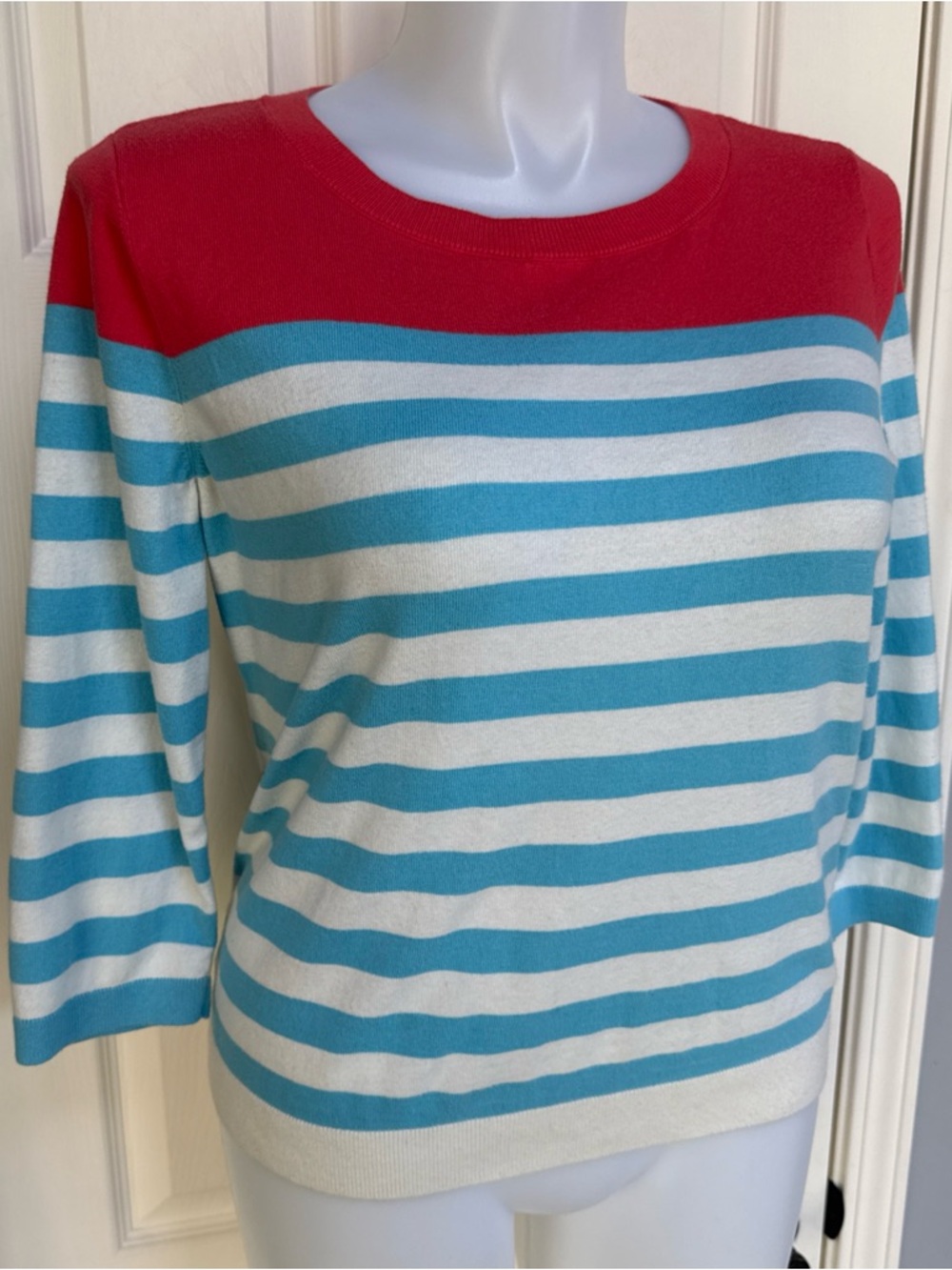 TALBOT'S Blue Coral Striped Button Back Nautical Sweater 3/4 Sleeve sz XL